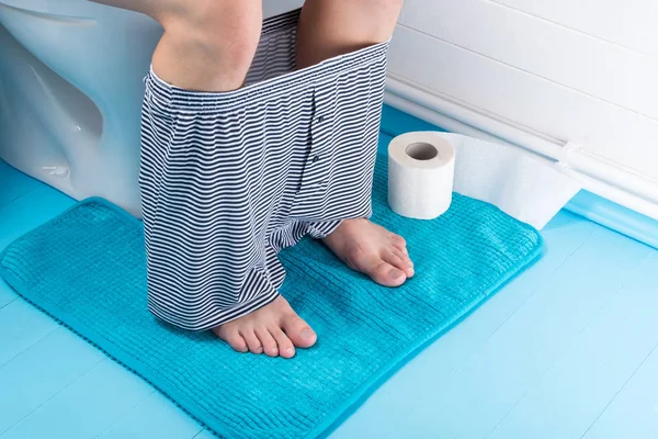 Man Sits Push Toilet His Underpants Removed Has Constipation View — Stock Photo, Image