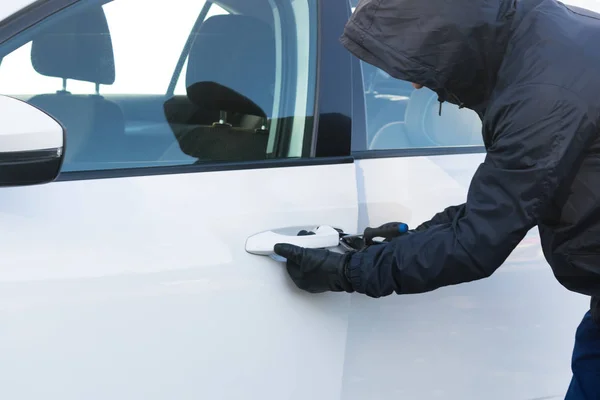 Thief Broke Lock Door White Car Opened — Stock Photo, Image