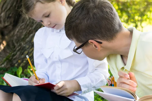 Garçon Regarde Dans Manuel Pour Une Fille Pendant Une Leçon — Photo