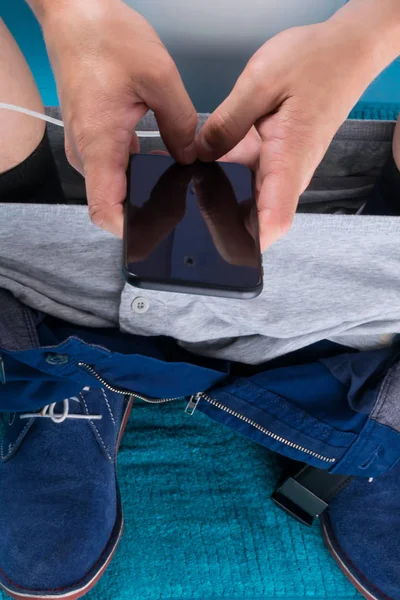 Man Sits Push Toilet Diarrhea Plays Games Phone — Stock Photo, Image