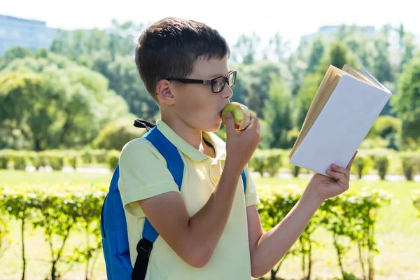 Garçon Mange Une Pomme Lit Livre Intéressant Sur Chemin Retour — Photo