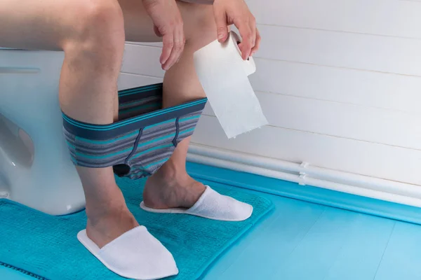 Man Lowered Panties White Slippers Bathroom Sitting Toilet Holding Toilet — Stock Photo, Image