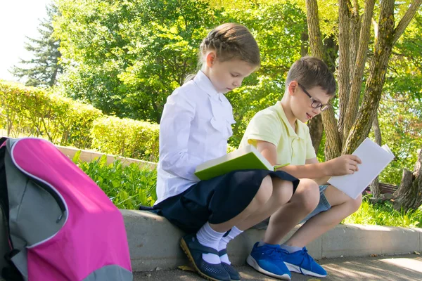 Niños Escuela Aire Libre Sentarse Parque Leer Libros Hacer Deberes — Foto de Stock