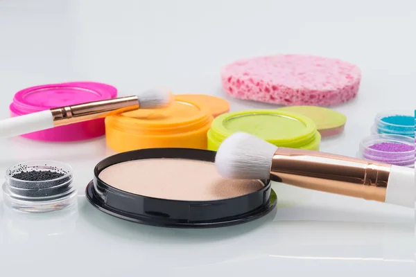 Set Decorative Cosmetics Items Create Bright Makeup Isolated White — Stock Photo, Image