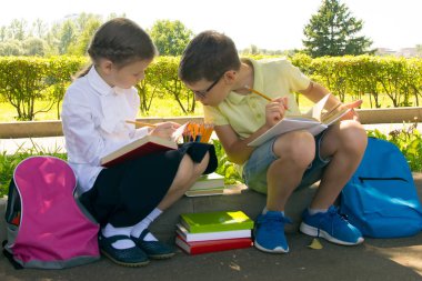parkta, temiz havada, okul çocukları ödevlerini yaparlar, oğlan kızların kararını gözetler ve kafasını kaşır.  