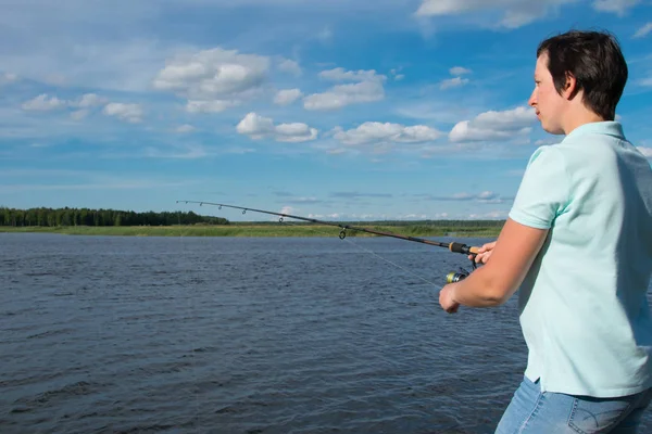 Close Woman Backdrop Beautiful Lake Blue Sky Fishing Fishing Rod — Stock Photo, Image