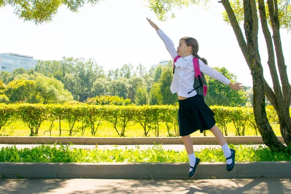 Park Fresh Air Schoolgirl Having Fun Jumping Raising Her Hand — Stock Photo, Image