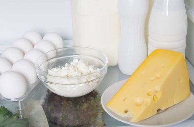 beyaz bir buzdolabında bir rafta, hayvansal ürünler, krema, süt, kefir, yumurta, süzme peynir ve peynir, yakın çekim