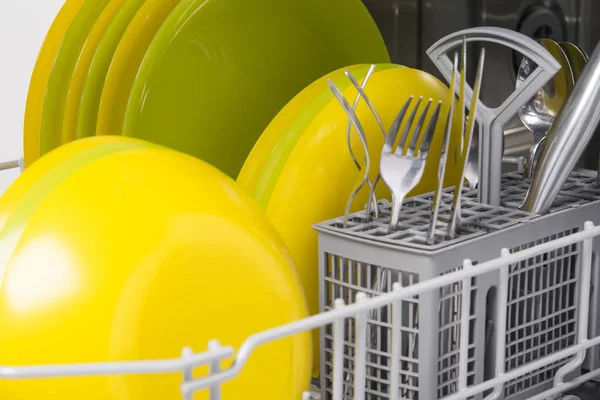 Крупним Планом Чисті Металеві Столові Прибори Тарілки Посудомийній Машині Після — стокове фото