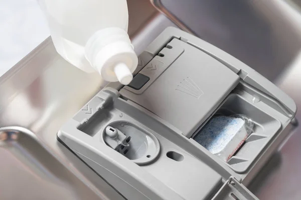 refills the dishwasher with dishwashing liquid, close-up