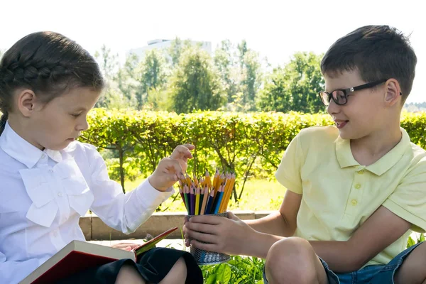 Escolares Haciendo Tarea Aire Libre — Foto de Stock