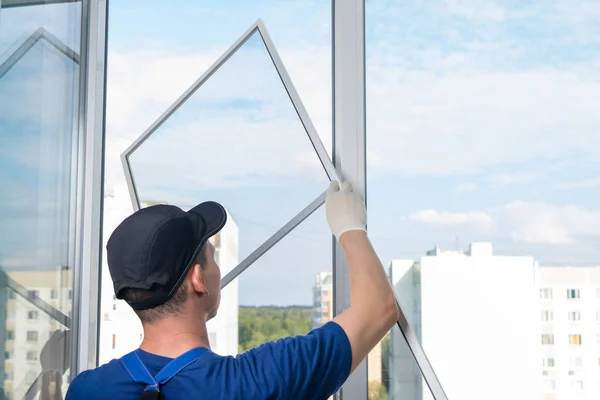 Wizard Installing Plastic Windows Installs Mosquito Net Window — Stock Photo, Image