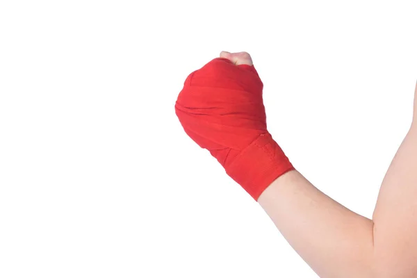 Close Hand Clenched Fist Wrapped Red Bandages Protect Joints Boxer — Stock Photo, Image