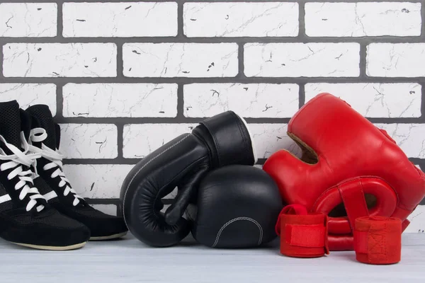 Red Bandages Fixing Joints Sneakers Protective Helmet Boxing Gloves Light — Stock Photo, Image
