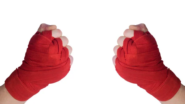 Twee Handen Beschermend Rood Verband Geklemd Een Vuist Vooraanzicht Geïsoleerd — Stockfoto