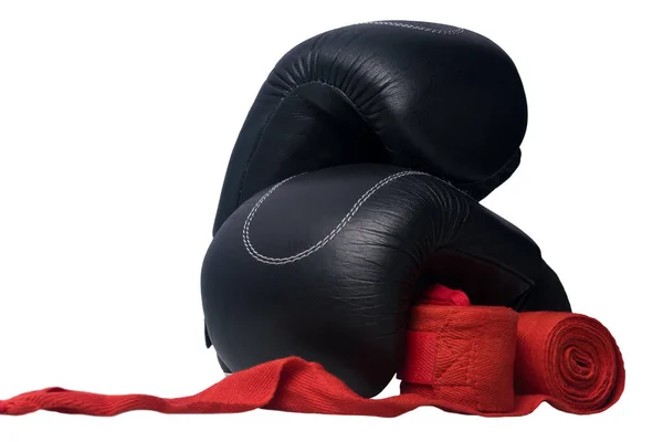 Luvas Boxe Preto Ligaduras Proteção Vermelho Para Mãos Isoladas Fundo — Fotografia de Stock