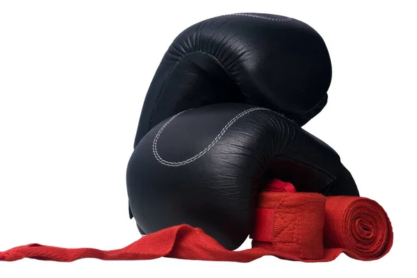 Gants Boxe Noirs Bandages Protection Rouges Pour Les Mains Isolées — Photo