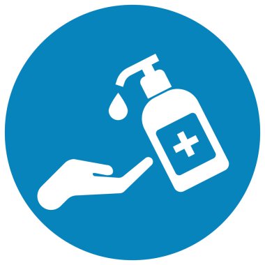 Mavi dairede el dezenfektanı sembolü kullan. El dezenfektanı şişesi ikonu. Vektör illüstrasyonu