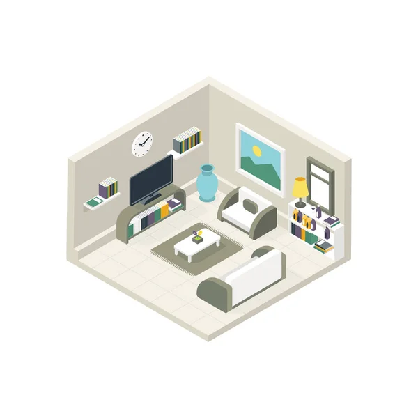 Vector isometric low poly living room cutaway icon. Room include