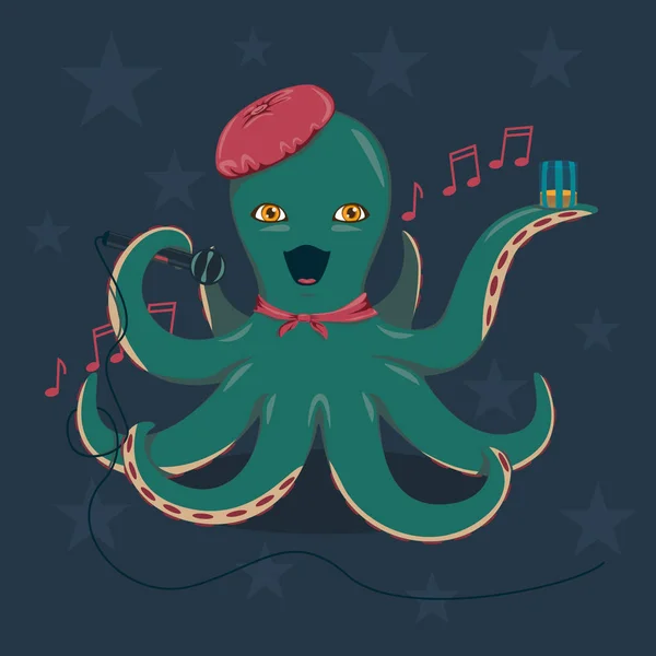 滑稽的章鱼在卡拉 唱歌与笔记和星在背景 — 图库矢量图片