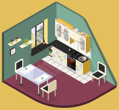 Small kitchen in bright colors. Each piece of furniture in a separate layer is named. A mesh was used for the sink and burners and some individual elements. The size of kitchens in Soviet apartments. clipart