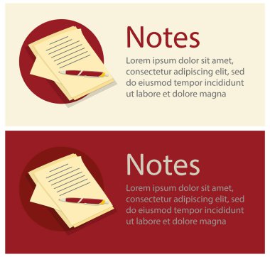 Derin kırmızı arka plan ve açık sarı arka plan üzerinde bir açıyla yatan kalem ve kağıt ile Vektör afiş. Banner web sitesi için. Banner program için. Yazılım için Banner. Düz illüstrasyon