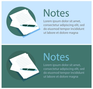 Yeşil arka plan ve açık mavi arka plan üzerinde bir açıyla yatan kalem ve kağıt ile Vektör afiş. Banner web sitesi için. Banner program için. Yazılım için Banner. Düz illüstrasyon