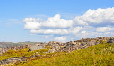 Tepeler, küçük dağlar ve düşük Kuzey gökyüzünün arka planında büyük yuvarlak taşlar. Taşların üzerinde, tepeler ve çimler büyük beyaz bulutları sorunsuz bir şekilde hareket ettirir.