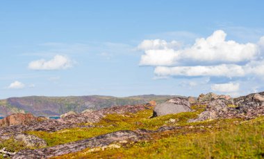 Tepeler, küçük dağlar ve düşük Kuzey gökyüzünün arka planında büyük yuvarlak taşlar. Taşların üzerinde, tepeler ve çimler büyük beyaz bulutları sorunsuz bir şekilde hareket ettirir.