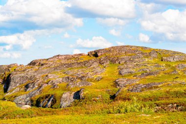 Parlak Kuzey gökyüzüne karşı kırmızı tepe. Büyük taşlar, ilkel ve doğanın gücü bir anlamda yaratarak, taşlar arasında yol yapmak