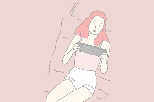 Chica Bonita Mujer Sosteniendo Juego Portátil Jugando Cama Dibujo Personaje — Vector de stock