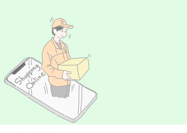 Щасливий Чоловік Доставки Тримає Карткову Коробку Телефоні Концепцією Покупки Інтернеті — стоковий вектор
