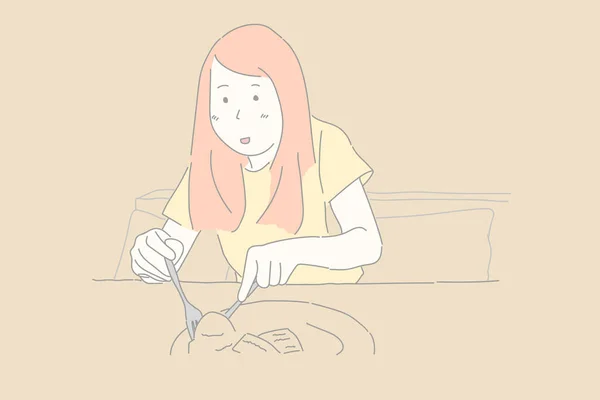 Mujer Comiendo Postre Con Dibujo Mano Vector — Archivo Imágenes Vectoriales