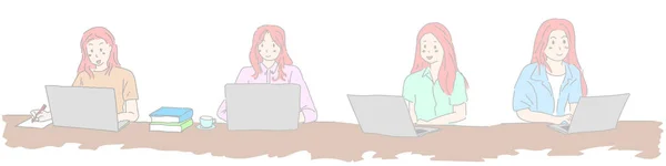 妇女使用笔记本电脑进行概念工作 从在家学习上网购物或阅读新闻 — 图库矢量图片