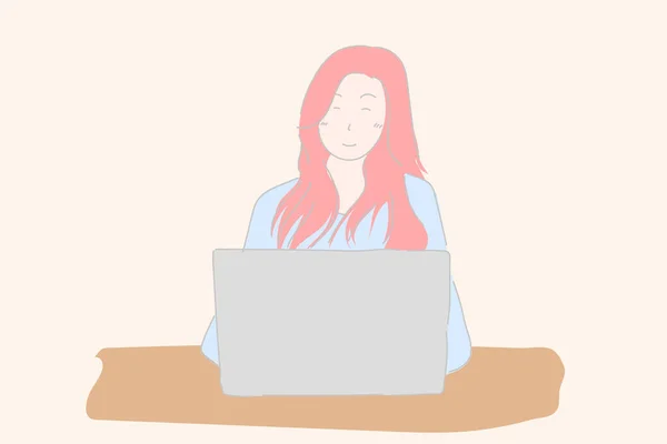 Konsept için gülümseyen ve dizüstü bilgisayar kullanan bir kadın ev öğrenimi, internet alışverişi veya haber okuma formu.