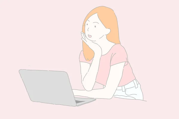 Γυναίκα Κάθεται Και Χρησιμοποιεί Φορητό Υπολογιστή Για Την Έννοια Μορφή — Διανυσματικό Αρχείο