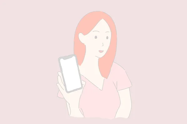 Žena Drží Ukazuje Svůj Smartphone Vektor — Stockový vektor