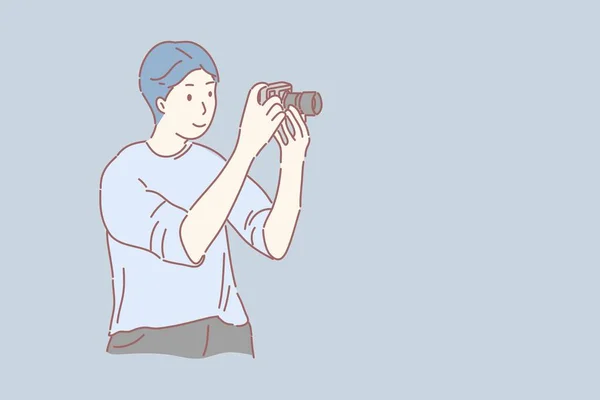 Concepto Del Día Mundial Fotografía Hombre Sosteniendo Mirando Vector Cámara — Vector de stock