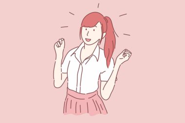 Mutlu güzel kızlar ellerini kaldırdı, neşeli, mutlu, heyecanlı konsept..