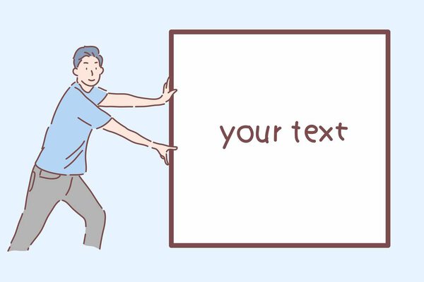 Man pushing white blank banner with copy space.