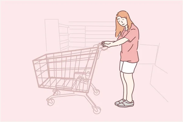 Woman Use Shopping Cart Shopping Store — Stock Vector