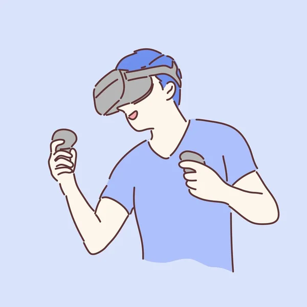 Adam VR Gear 'ı giyip oynuyor. El çizimi karakter biçimi vektörü.