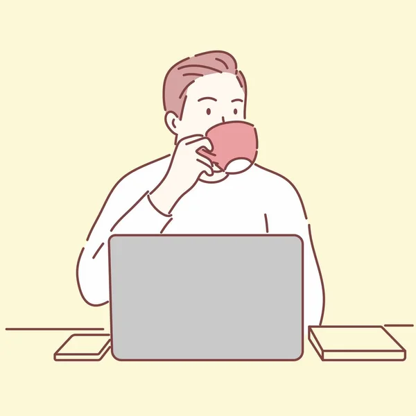 若い男がノートパソコンの前に座ってコーヒーを飲んでいた リラックス 作業概念 手描き文字スタイルベクトル — ストックベクタ