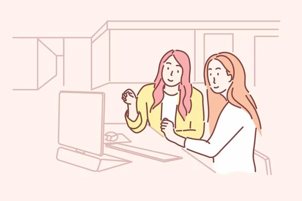 Dos Mujeres Sentadas Mirando Computadora Negocios Formación Concepto Dibujo Mano — Vector de stock