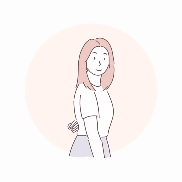 Mujer Posando Poniendo Una Mano Detrás Cintura Dibujado Mano Carácter — Vector de stock