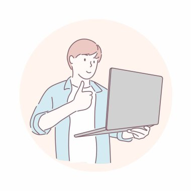 Mutlu adam dizüstü bilgisayarı kontrol ediyor. Başarı, mutluluk, kazanma konsepti. El çizimi karakter biçimi vektörü.