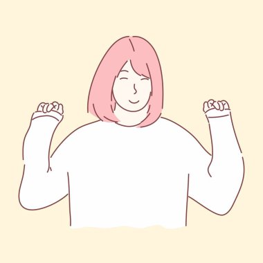 İki eli havada poz veren tatlı bir kadın. Mutlu, neşeli, başarı konsepti. El çizimi karakter biçimi vektörü.