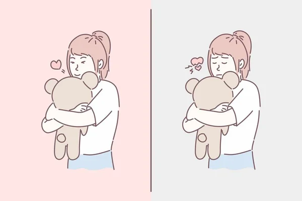Girl Hugging Bear Toy Happiness Sadness Mood Hand Drawn Character — Stock Vector