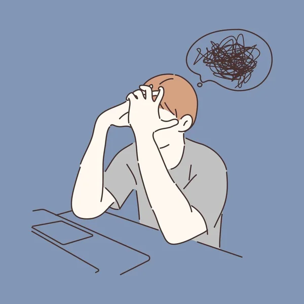 ラップトップの前で絶望の中に顔を隠していた悲しい男 精神障害 うつ病の概念 手描きのキャラクタースタイルベクトル — ストックベクタ