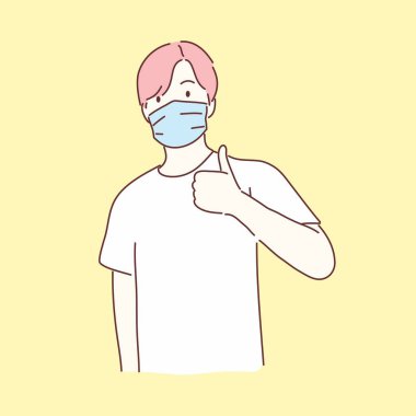 Tıbbi maske takan ve baş parmağıyla hareket eden bir adam. Hastalıkları, gribi, hava kirliliğini, kirli havayı, dünya kirliliğini önlemek için. El çizimi karakter düz biçim vektörü.
